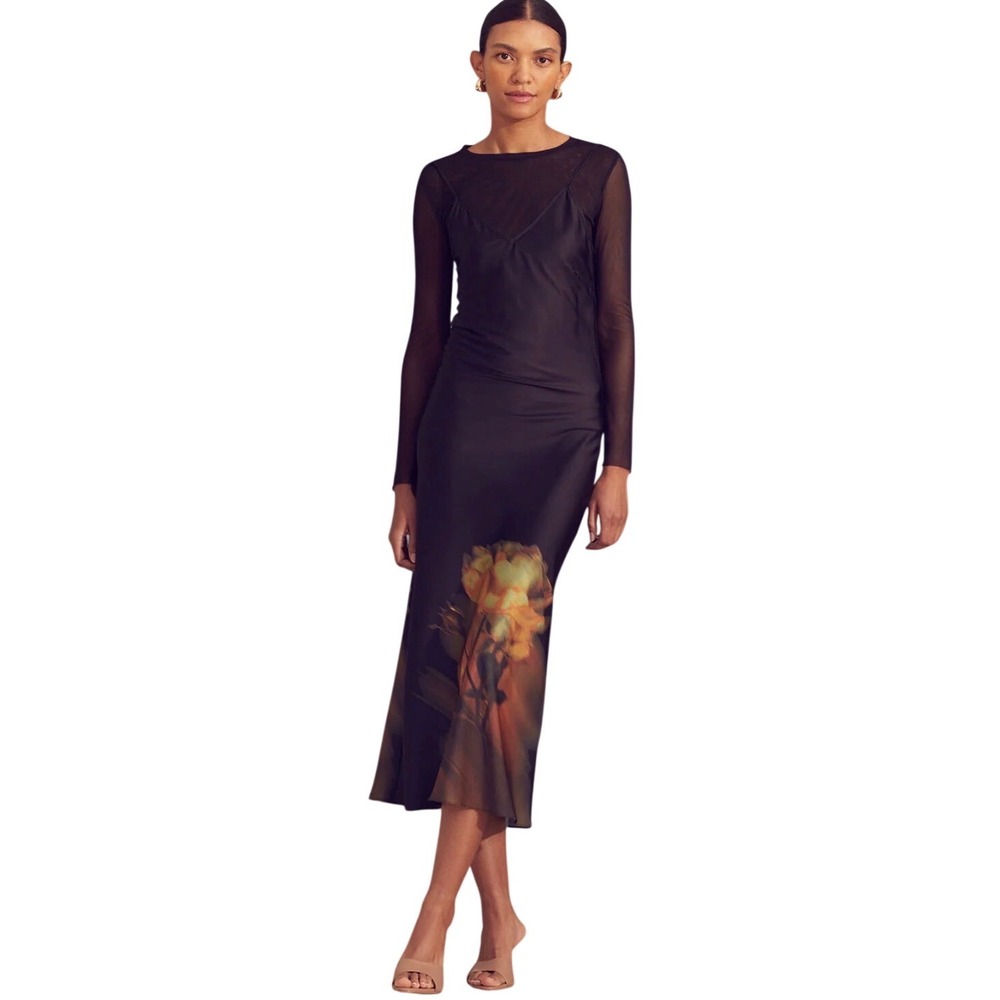 MISA Los Angeles Slip Dress Zia Black Satin Yellow Rose Graphic XS NEW - Picture 13 of 15